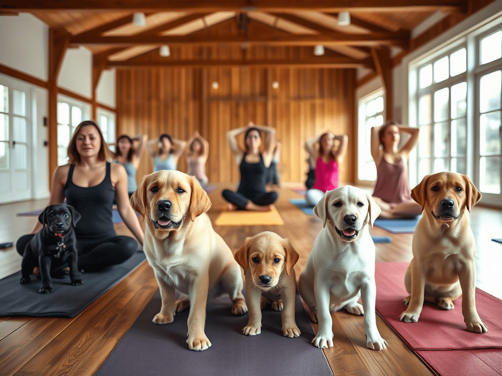 Participants practicing yoga in a bright studio as golden retriever and labrador puppies playfully roam and interact around them. Select 81 more words to run Humanizer.